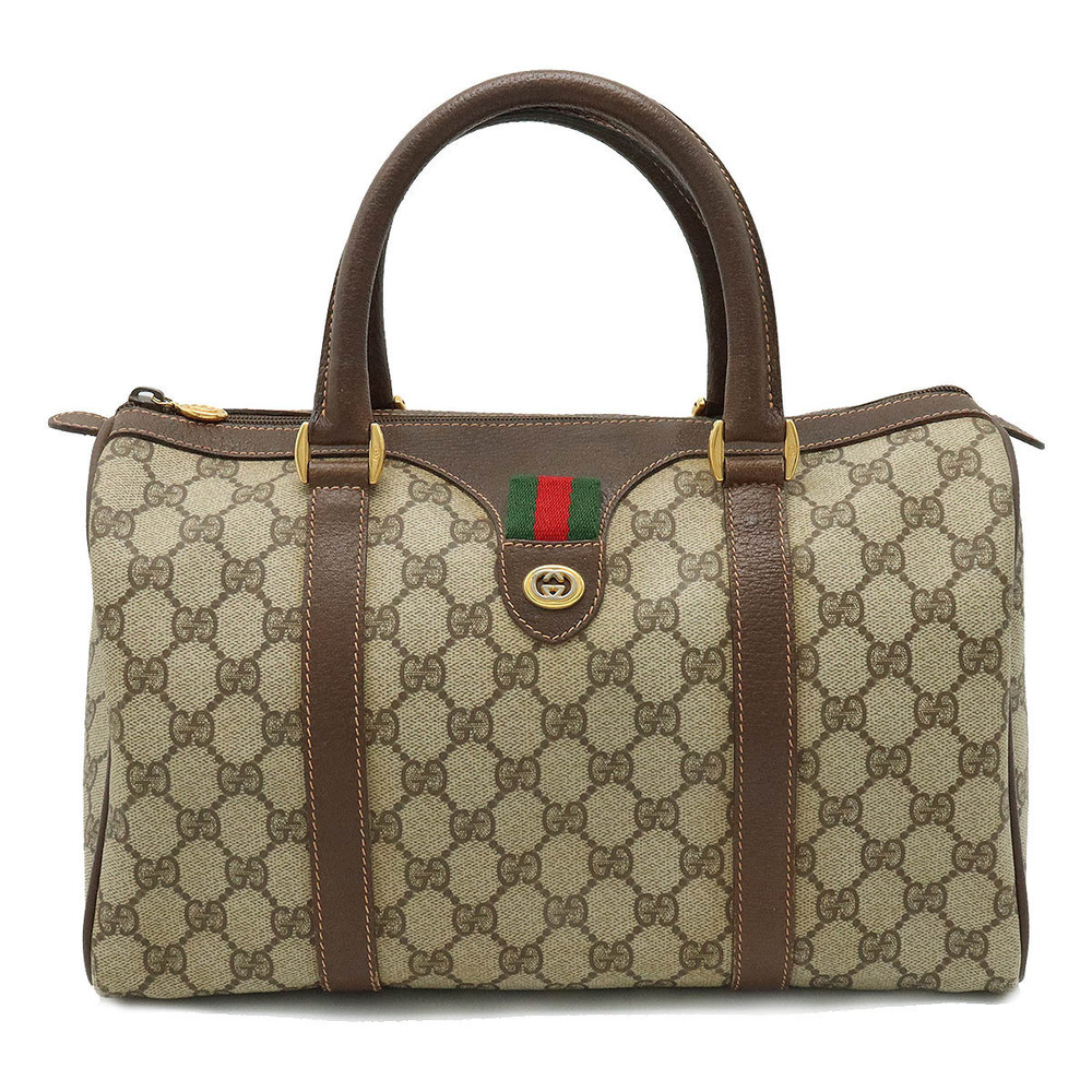 Gucci Sherry Boston Handbag Canvas Leather Beige Brown Cream Brown